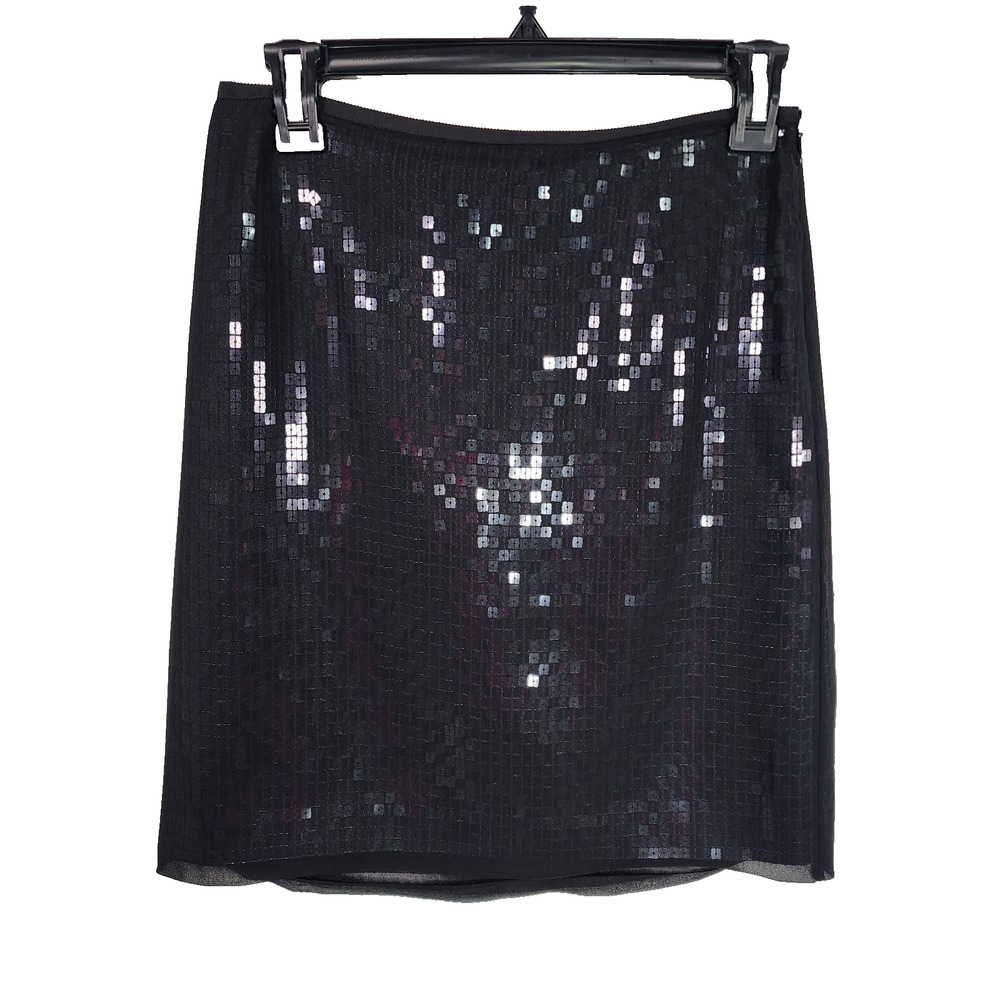 Ann Taylor Womens Mini Pencil Skirt Size 0 Black Sequin Zip Side Satin Lined